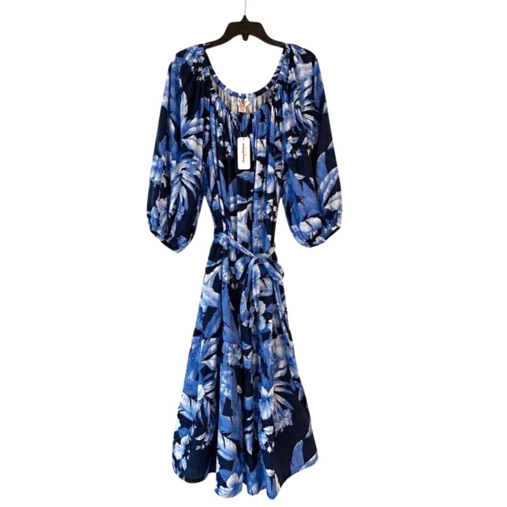 Tommy Bahama Blue Floral Island Gauze Midi Dress XL Tropical Belted Pockets - Picture 2 of 5
